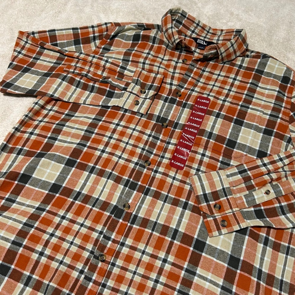 NWOT Eddie Bauer Flannel Shirt Mens XL Orange Plaid Button Down Long Sleeve 0833
